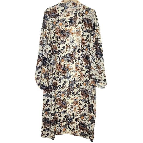 FREE PEOPLE Play It Cool Long Open Floral Kimono Ivory Crepe Sz M Boho Festival - Picture 6 of 11